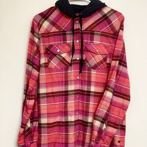 Legendary Whitetails Womens Plaid Flannel Hooded Shirt Pearled Snaps Size M